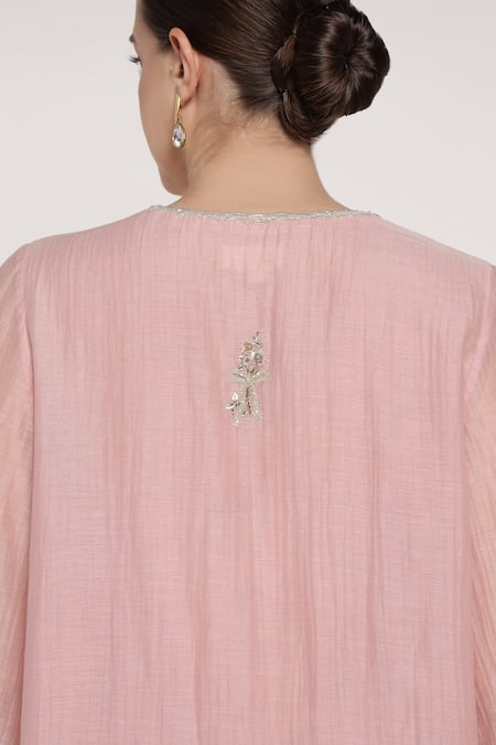 Buy_Summer By Priyanka Gupta_Pink Chanderi Embroidery, Sequins V-neck Bell Bow Kurta And Pant Co-ord Set 