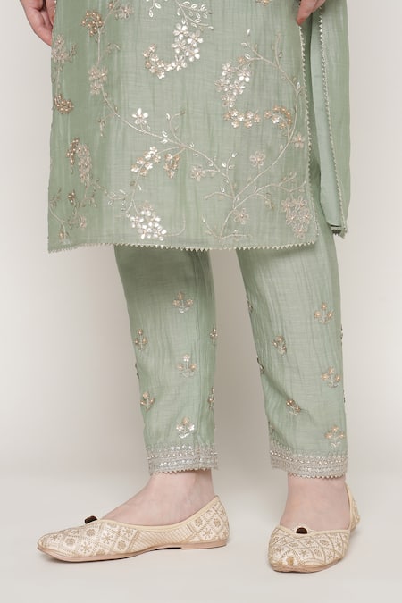 Summer By Priyanka Gupta Green Chanderi Embroidery, Sequins, Gota Patti, Vrinda Jaal Work Kurta Set Online at Aza Fashions Summer By Priyanka Gupta_Green Chanderi Embroidery, Sequins, Gota Patti, Vrinda Jaal Work Kurta Set _Online_at_Aza_Fashions