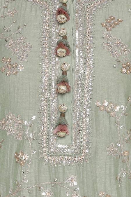 Shop Summer By Priyanka Gupta Green Chanderi Embroidery, Sequins, Gota Patti, Vrinda Jaal Work Kurta Set Shop_Summer By Priyanka Gupta_Green Chanderi Embroidery, Sequins, Gota Patti, Vrinda Jaal Work Kurta Set