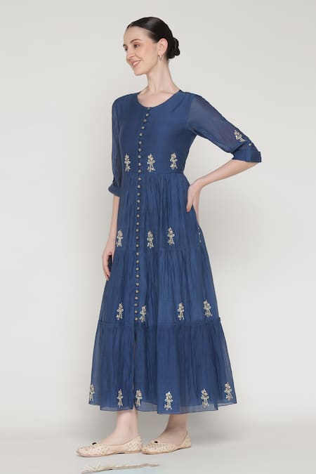 Shop_Summer By Priyanka Gupta_Blue Chanderi Embroidery Round Neck Noor E Tiered Dress _Online_at_Aza_Fashions