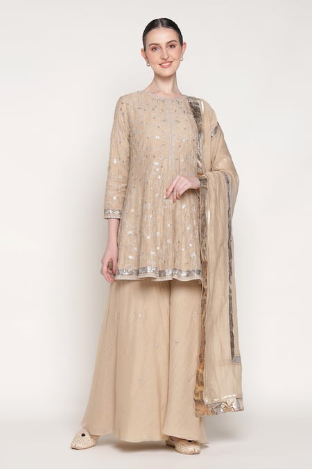 Shop_Summer By Priyanka Gupta_Beige Chanderi Embroidery, Sequins, Metallic Thread, Delara Short Anarkali Set _Online_at_Aza_Fashions