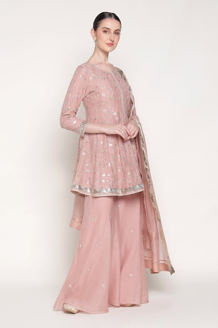 Summer By Priyanka Gupta_Pink Chanderi Embroidery, Sequins, Gota Patti Round Delara Short Anarkali Set _Online_at_Aza_Fashions