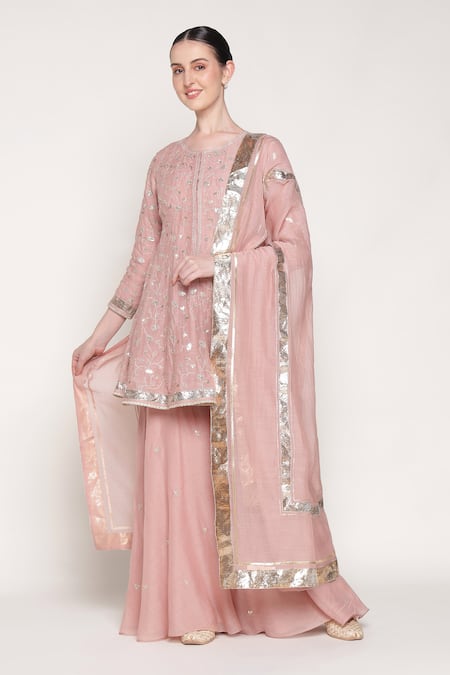 Buy_Summer By Priyanka Gupta_Pink Chanderi Embroidery, Sequins, Gota Patti Round Delara Short Anarkali Set _Online_at_Aza_Fashions