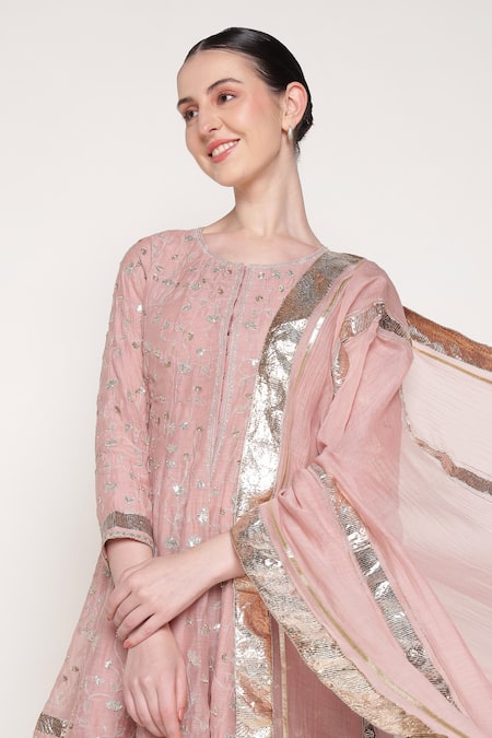 Shop_Summer By Priyanka Gupta_Pink Chanderi Embroidery, Sequins, Gota Patti Round Delara Short Anarkali Set _Online_at_Aza_Fashions