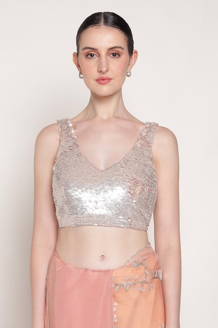 Summer By Priyanka Gupta_Pink Silk Organza Embroidery, Sequins, Metallic Buttercup Saree With Blouse _Online_at_Aza_Fashions