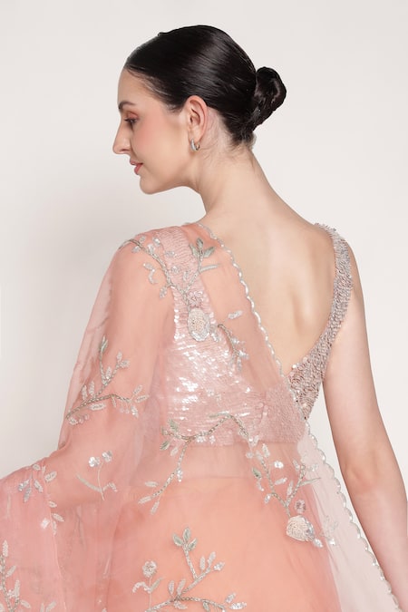 Shop_Summer By Priyanka Gupta_Pink Silk Organza Embroidery, Sequins, Metallic Buttercup Saree With Blouse _Online_at_Aza_Fashions