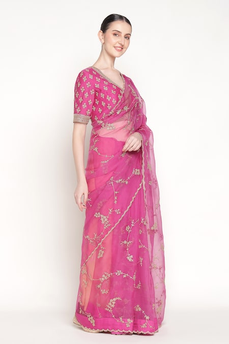 Buy_Summer By Priyanka Gupta_Fuchsia Silk Organza Embroidery, Zari, Jamun Vrinda Dori Saree With Blouse _Online_at_Aza_Fashions