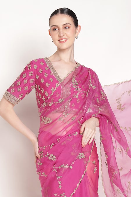 Shop_Summer By Priyanka Gupta_Fuchsia Silk Organza Embroidery, Zari, Jamun Vrinda Dori Saree With Blouse 