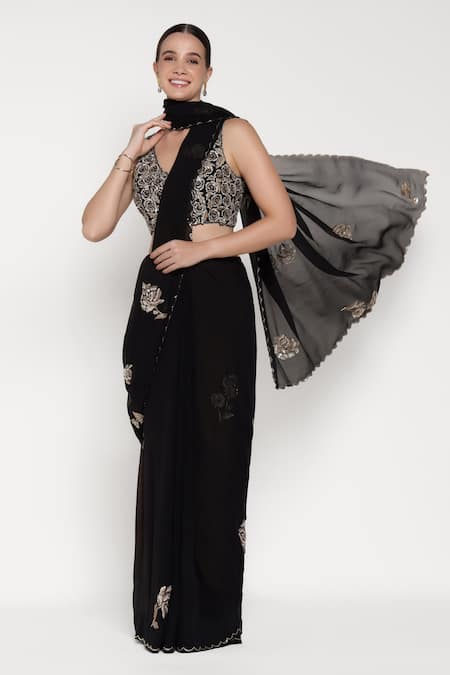 Summer By Priyanka Gupta_Black Chiffon Sequins, Embroidery, Metallic Thread Rose Saree With Blouse _Online_at_Aza_Fashions