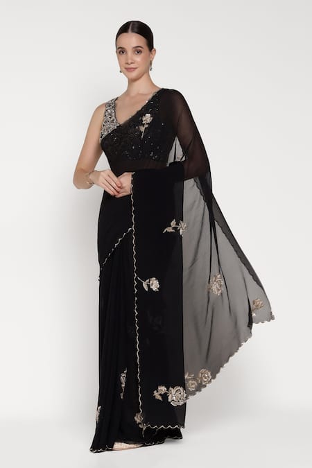Buy_Summer By Priyanka Gupta_Black Chiffon Sequins, Embroidery, Metallic Thread Rose Saree With Blouse _Online_at_Aza_Fashions