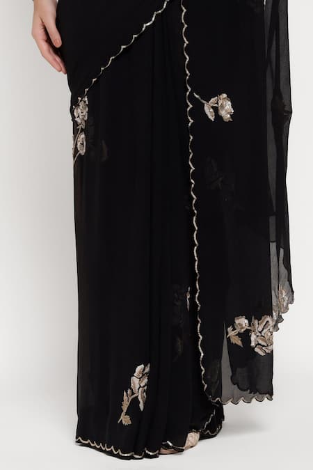 Shop_Summer By Priyanka Gupta_Black Chiffon Sequins, Embroidery, Metallic Thread Rose Saree With Blouse _Online_at_Aza_Fashions