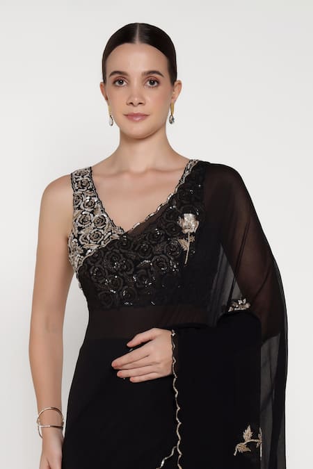 Summer By Priyanka Gupta_Black Chiffon Sequins, Embroidery, Metallic Thread Rose Saree With Blouse _at_Aza_Fashions