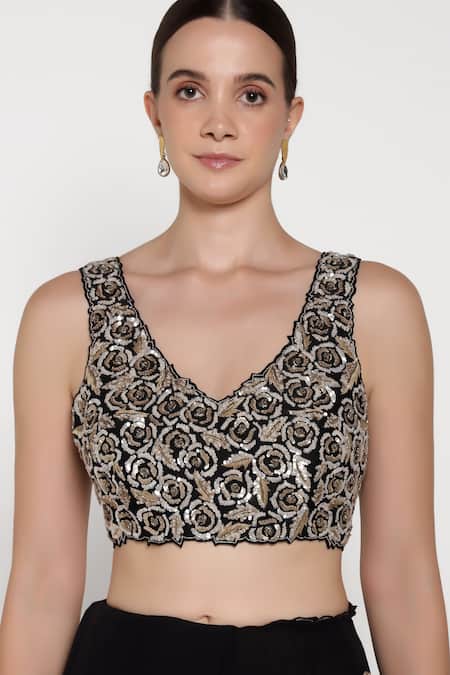 Buy_Summer By Priyanka Gupta_Black Chiffon Sequins, Embroidery, Metallic Thread Rose Saree With Blouse 