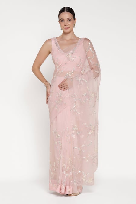 Summer By Priyanka Gupta Big Flower Embroidered Saree With Blouse 