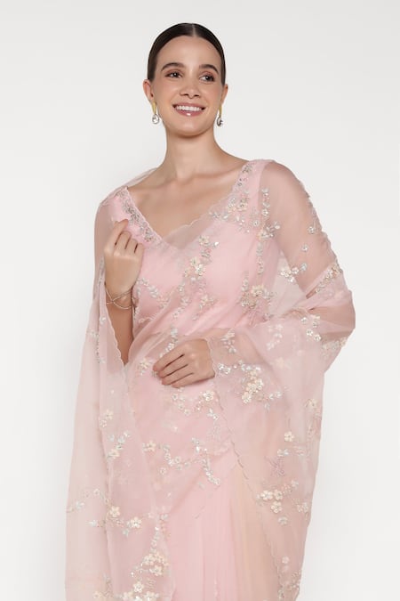 Summer By Priyanka Gupta_Pink Organza Sequins, Embroidery, Beads V-neck Big Flower Saree With Blouse _Online_at_Aza_Fashions