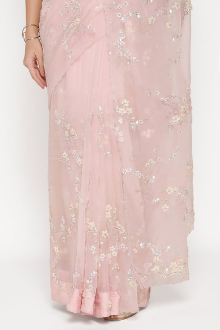 Buy_Summer By Priyanka Gupta_Pink Organza Sequins, Embroidery, Beads V-neck Big Flower Saree With Blouse 