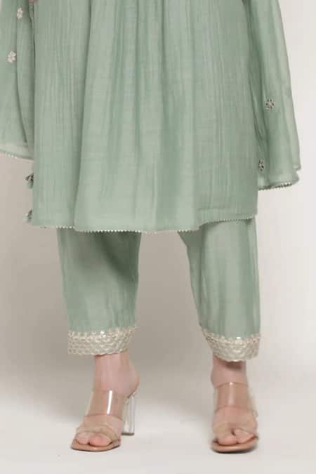 Summer By Priyanka Gupta_Teal Chanderi Gota Patti, Sequins, Embroidery Split Vrinda Yoke Kurta Set _Online_at_Aza_Fashions