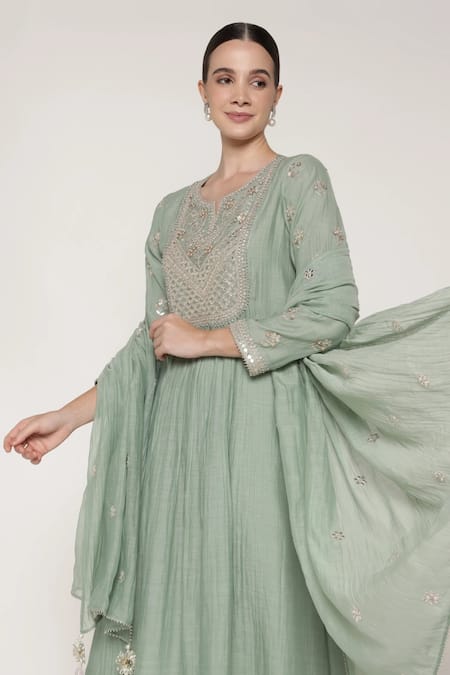 Summer By Priyanka Gupta_Teal Chanderi Gota Patti, Sequins, Embroidery Split Vrinda Yoke Kurta Set _at_Aza_Fashions