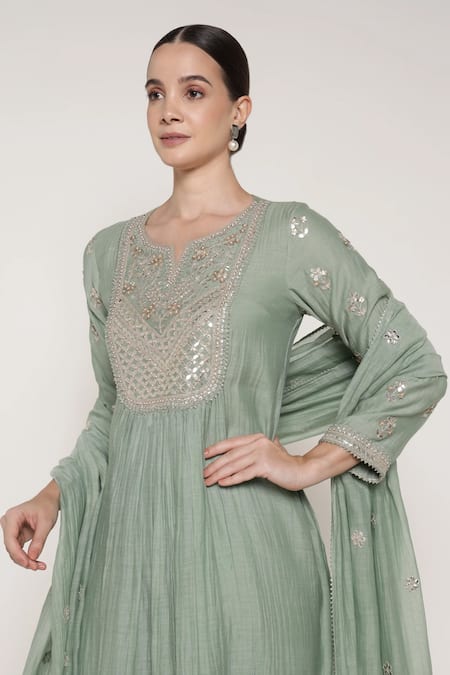 Shop_Summer By Priyanka Gupta_Teal Chanderi Gota Patti, Sequins, Embroidery Split Vrinda Yoke Kurta Set 