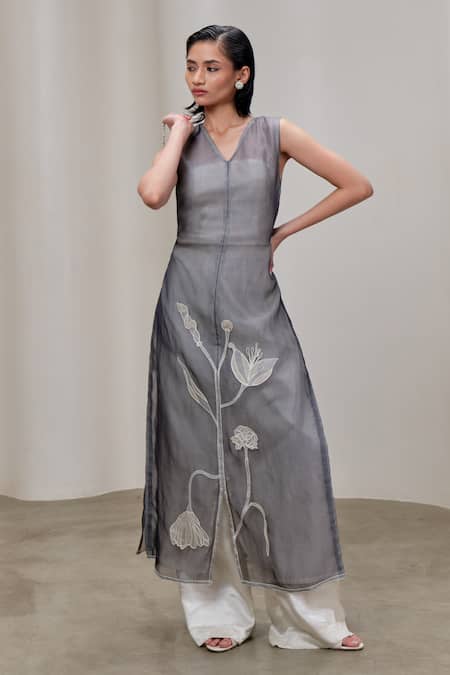 Buy_The Right Cut_Grey Organza Embroidery V-neck Stemline Floral Applique Midi Dress _Online_at_Aza_Fashions