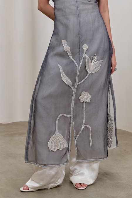 The Right Cut_Grey Organza Embroidery V-neck Stemline Floral Applique Midi Dress _at_Aza_Fashions