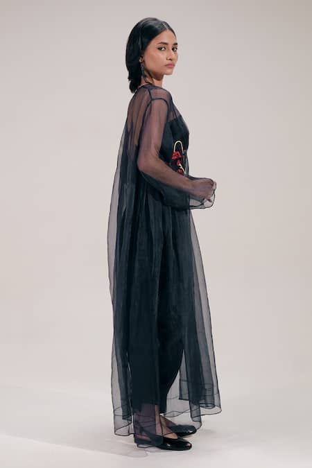 The Right Cut_Black Organza Embroidery Open Neck Floral Long Jacket _Online_at_Aza_Fashions