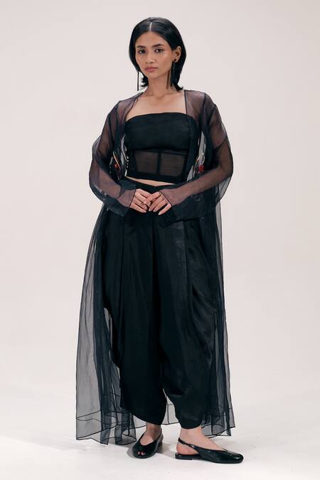 Buy_The Right Cut_Black Organza Embroidery Open Neck Floral Long Jacket _Online_at_Aza_Fashions