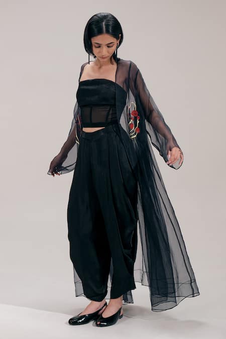 Shop_The Right Cut_Black Organza Embroidery Open Neck Floral Long Jacket _Online_at_Aza_Fashions
