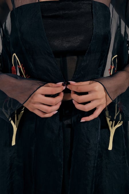 The Right Cut_Black Organza Embroidery Open Neck Floral Long Jacket _at_Aza_Fashions