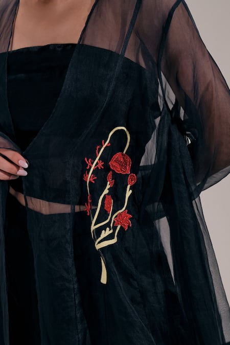 Buy_The Right Cut_Black Organza Embroidery Open Neck Floral Long Jacket 