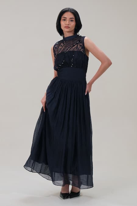 The Right Cut_Black Organza Beads, Embroidery High Neck Sleeveless Maxi Dress _Online_at_Aza_Fashions