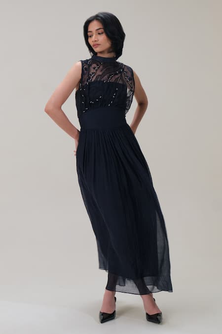 Buy_The Right Cut_Black Organza Beads, Embroidery High Neck Sleeveless Maxi Dress _Online_at_Aza_Fashions