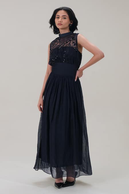 Shop_The Right Cut_Black Organza Beads, Embroidery High Neck Sleeveless Maxi Dress _Online_at_Aza_Fashions