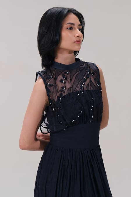 The Right Cut_Black Organza Beads, Embroidery High Neck Sleeveless Maxi Dress _at_Aza_Fashions