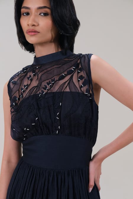 Shop_The Right Cut_Black Organza Beads, Embroidery High Neck Sleeveless Maxi Dress 