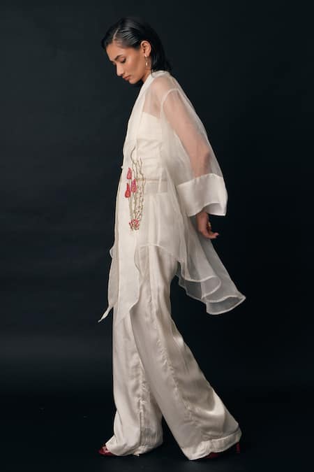 The Right Cut White Silk Organza Embroidery Open Neck Fluer Sheer Jacket Online at Aza Fashions The Right Cut_White Silk Organza Embroidery Open Neck Fluer Sheer Jacket _Online_at_Aza_Fashions