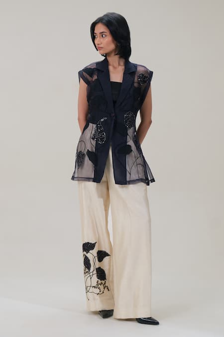 The Right Cut Embroidered Botanical Motif Wide Leg Pant 