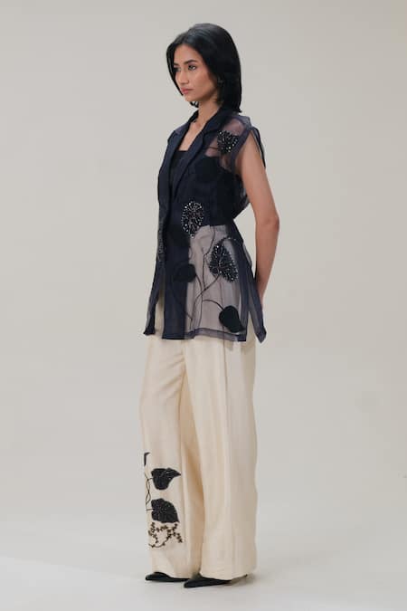 The Right Cut_Cream Silk Embroidery, Beads, Sequins Botanical Motif Wide Leg Pant _Online_at_Aza_Fashions