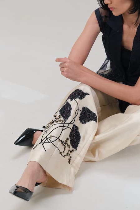 Buy_The Right Cut_Cream Silk Embroidery, Beads, Sequins Botanical Motif Wide Leg Pant _Online_at_Aza_Fashions