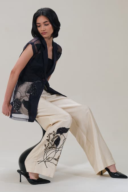 Buy_The Right Cut_Black Silk Organza Sequins, Embroidery Lume Beaded Leaf Applique Blouse _Online_at_Aza_Fashions