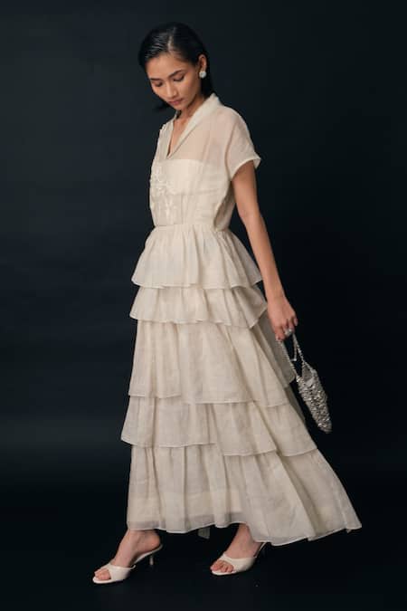 The Right Cut_Cream Embroidery V-neck, Collared Chanderi Ruffled Maxi Dress _Online_at_Aza_Fashions