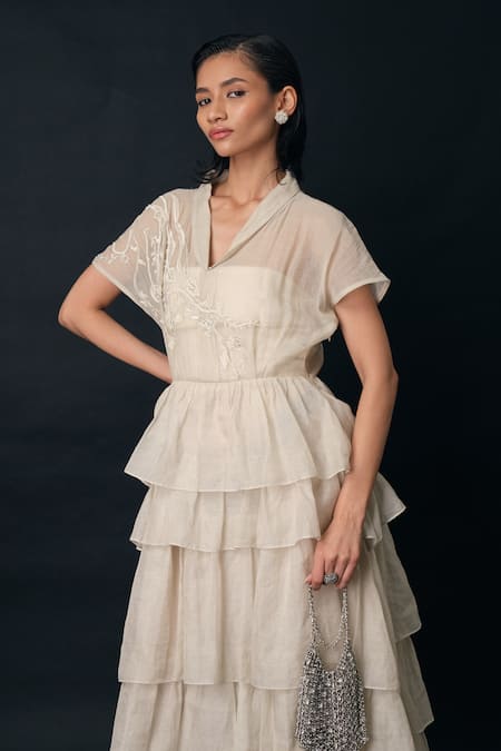 Shop_The Right Cut_Cream Embroidery V-neck, Collared Chanderi Ruffled Maxi Dress _Online_at_Aza_Fashions
