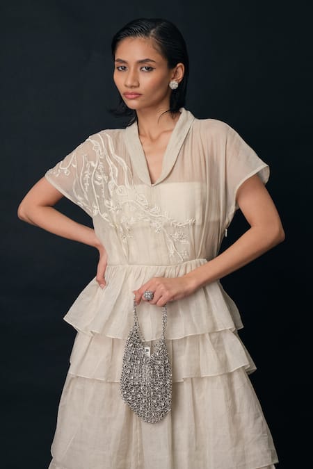 The Right Cut_Cream Embroidery V-neck, Collared Chanderi Ruffled Maxi Dress _at_Aza_Fashions