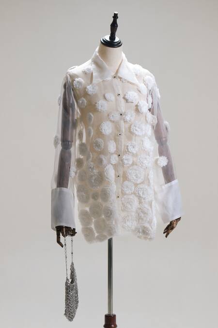 The Right Cut_White Silk Organza Fabric Flowers Collared Pearl Embellished Shirt _Online_at_Aza_Fashions