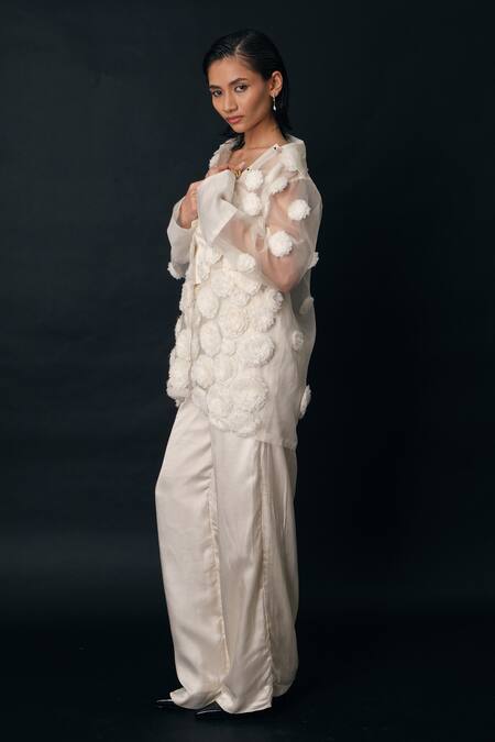 Buy_The Right Cut_White Silk Organza Fabric Flowers Collared Pearl Embellished Shirt _Online_at_Aza_Fashions