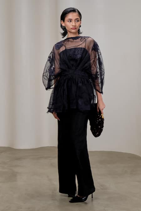 The Right Cut_Black Organza Embroidery Boat Neck Overlay Top _Online_at_Aza_Fashions