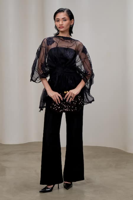 Buy_The Right Cut_Black Organza Embroidery Boat Neck Overlay Top _Online_at_Aza_Fashions