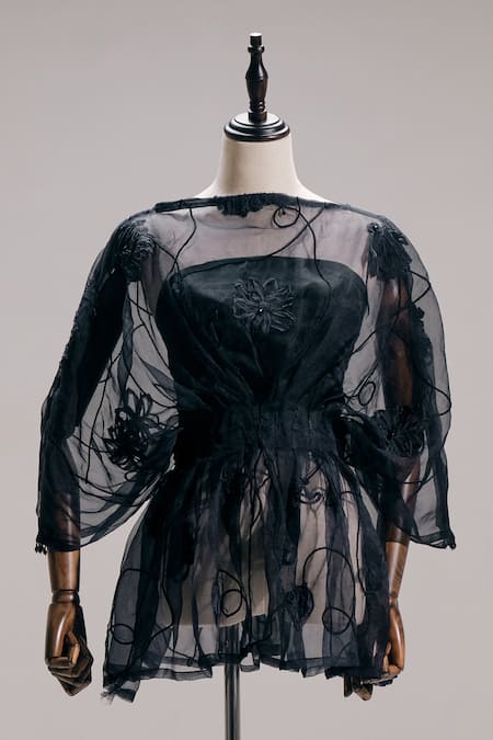 Shop_The Right Cut_Black Organza Embroidery Boat Neck Overlay Top _Online_at_Aza_Fashions