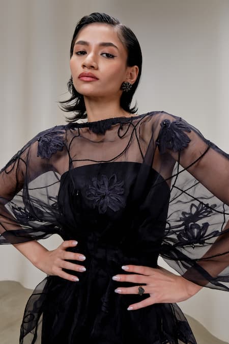 The Right Cut_Black Organza Embroidery Boat Neck Overlay Top _at_Aza_Fashions
