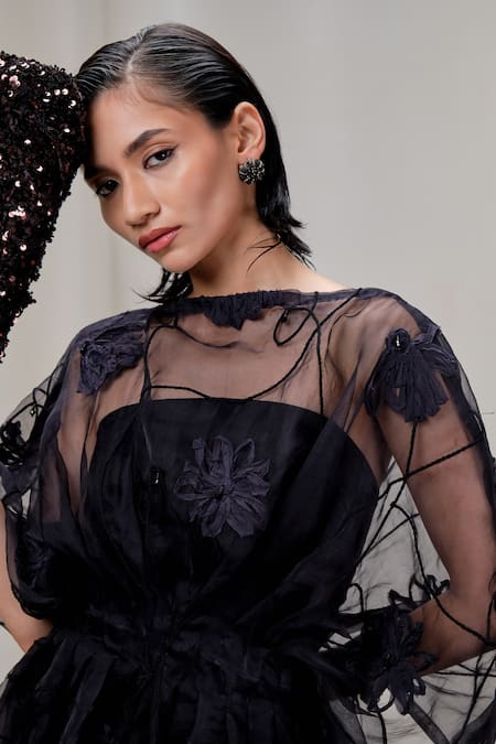 Buy_The Right Cut_Black Organza Embroidery Boat Neck Overlay Top 